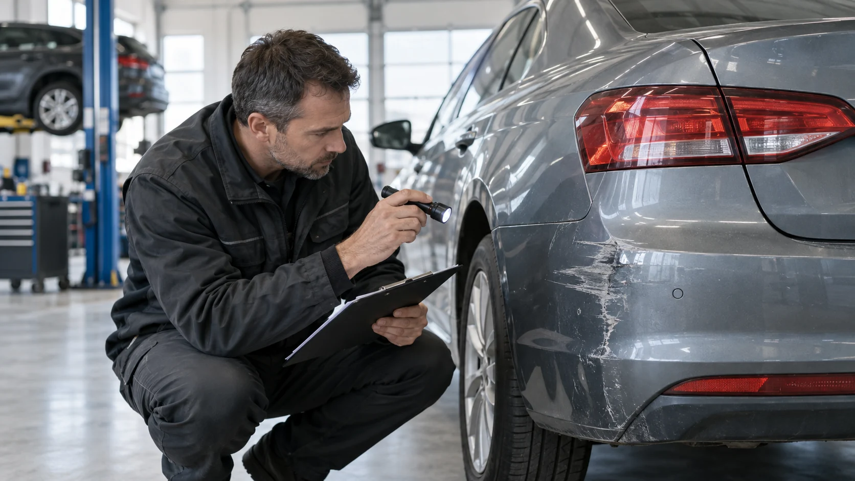 Эксперт осматривает повреждённую часть автомобиля